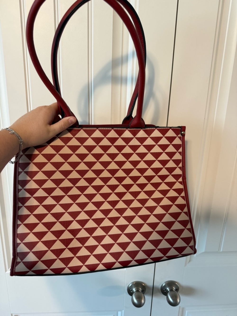 Geometric Pattern Red and Cream Tote Bag - Structured Women’s Shoulder Bag